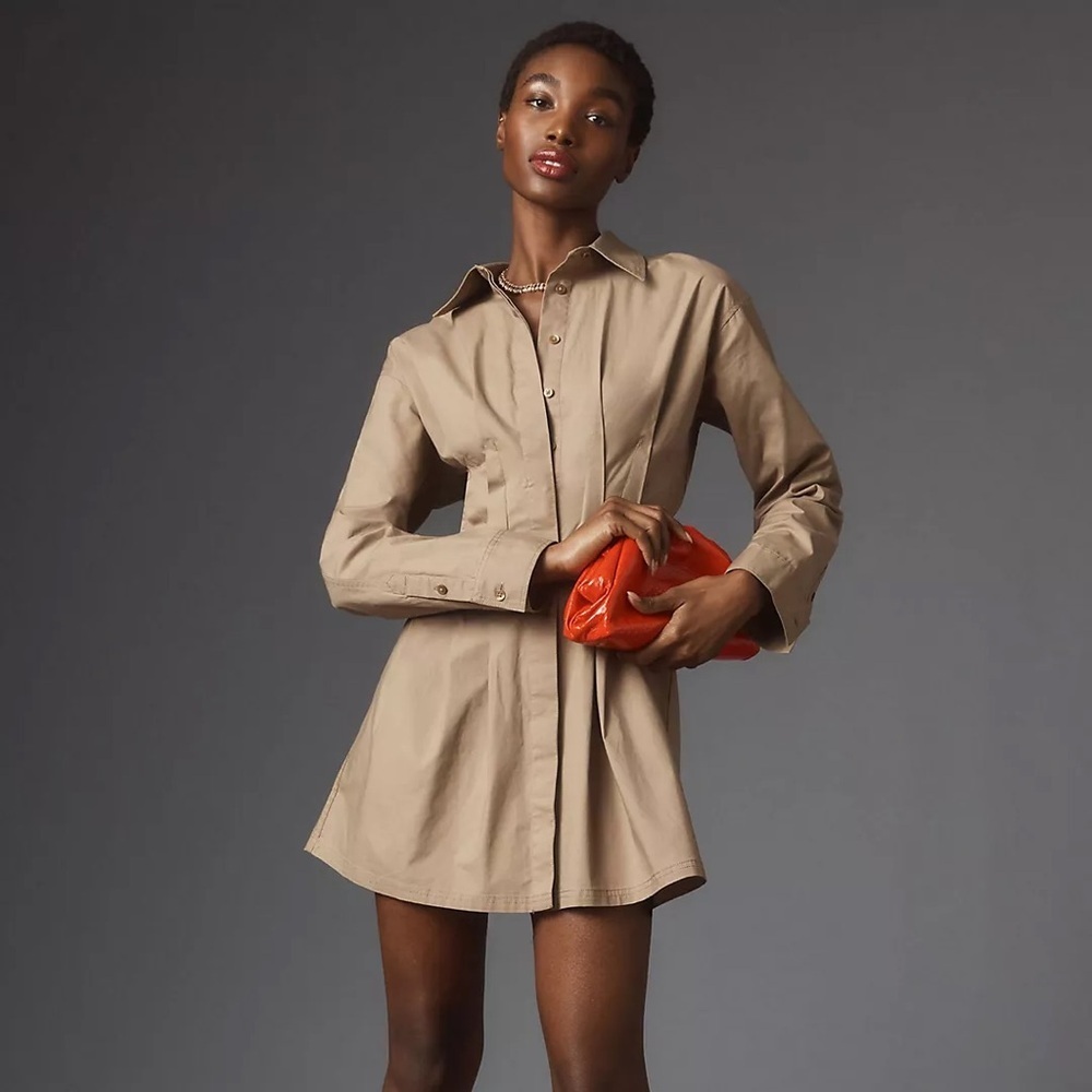 Pilcro Anthropologie Pintuck Long Sleeve Mini Shirt Dress in Khaki, Size S